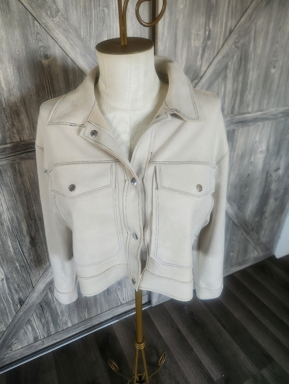 Stoosh Cream Suede Utility Jacket with Contrast Stitching